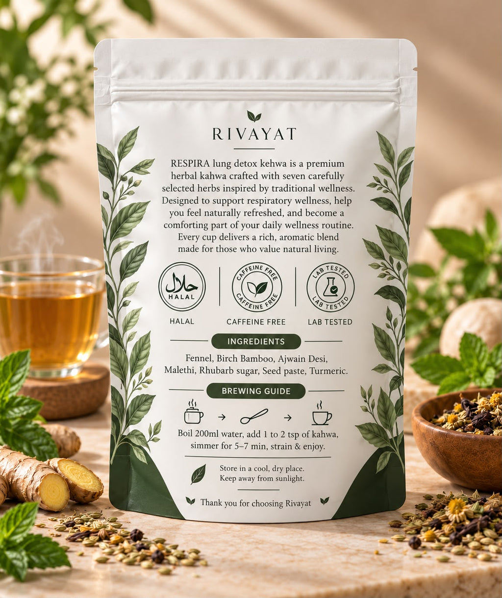 Back of the Rivayat Respira Lung Detox Kehwa pouch showing ingredients, brewing guide and storage directions.