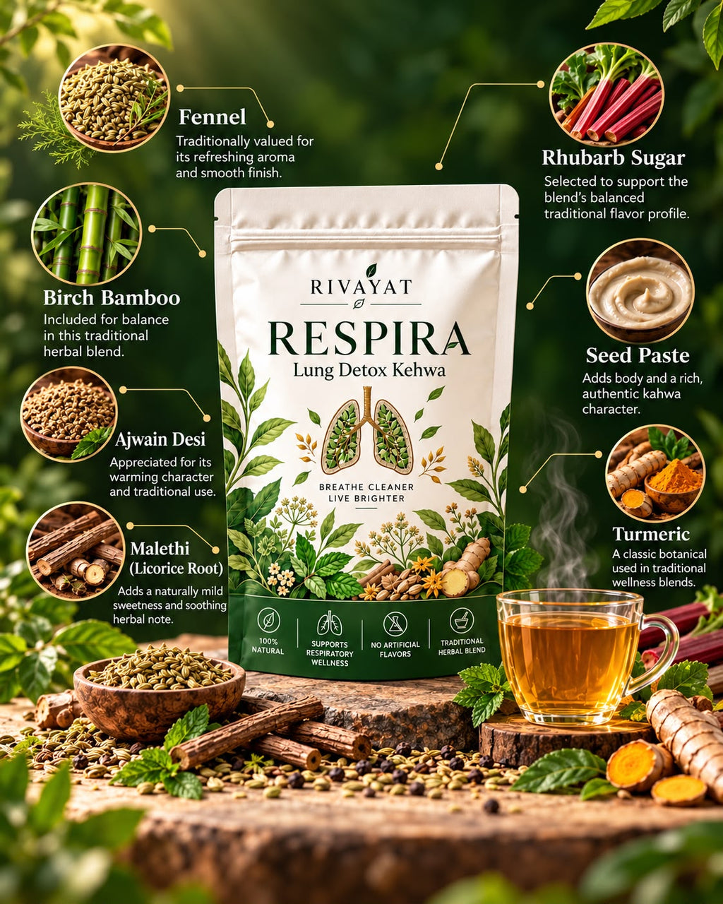 Rivayat Respira Lung Detox Kehwa with an illustrated guide to its seven ingredients.