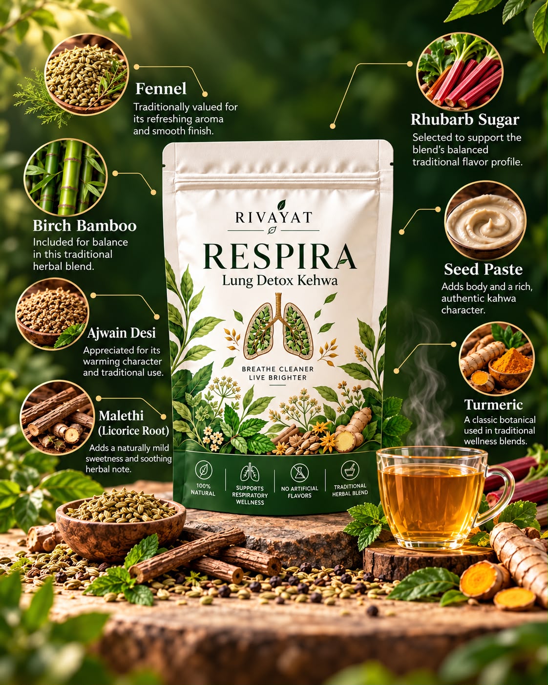 Rivayat Respira Lung Detox Kehwa with an illustrated guide to its seven ingredients.