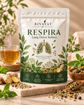 Rivayat Respira Lung Detox Kehwa front pouch beside a cup of herbal tea.