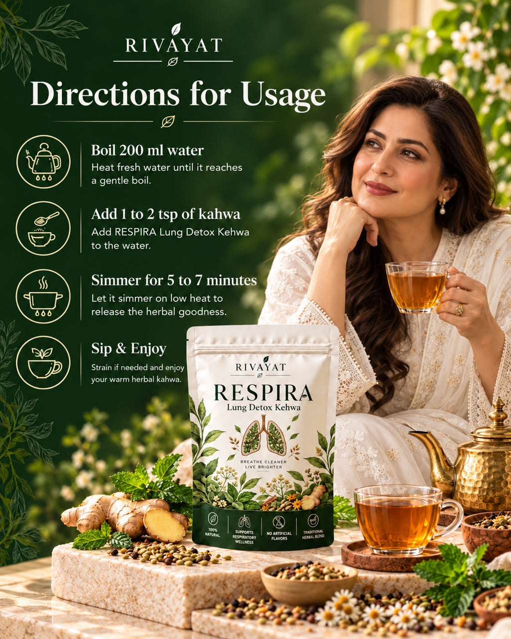 Rivayat Respira brewing guide: boil 200 ml water, add 1–2 teaspoons, simmer 5–7 minutes, then strain.